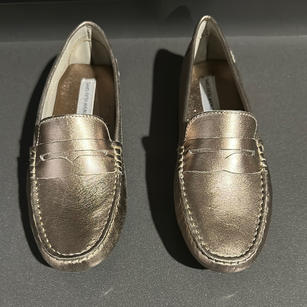 NEW! Saks Fifth Avenue Silver Flats Sleek Metallic Loafers